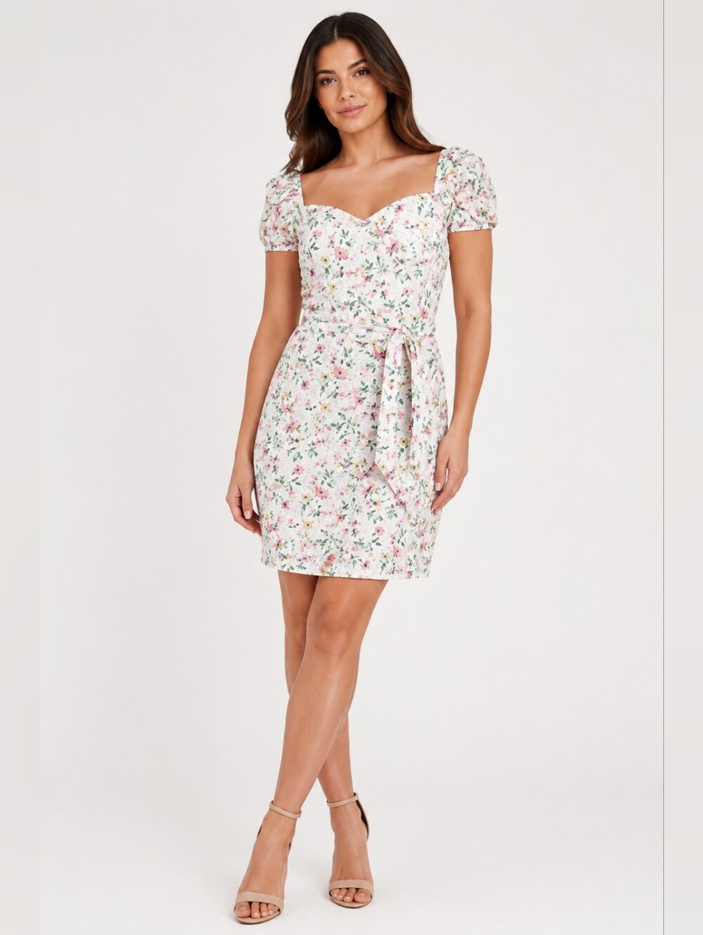 Guess Floral Sweetheart Mini Dress - White with Pink & Green